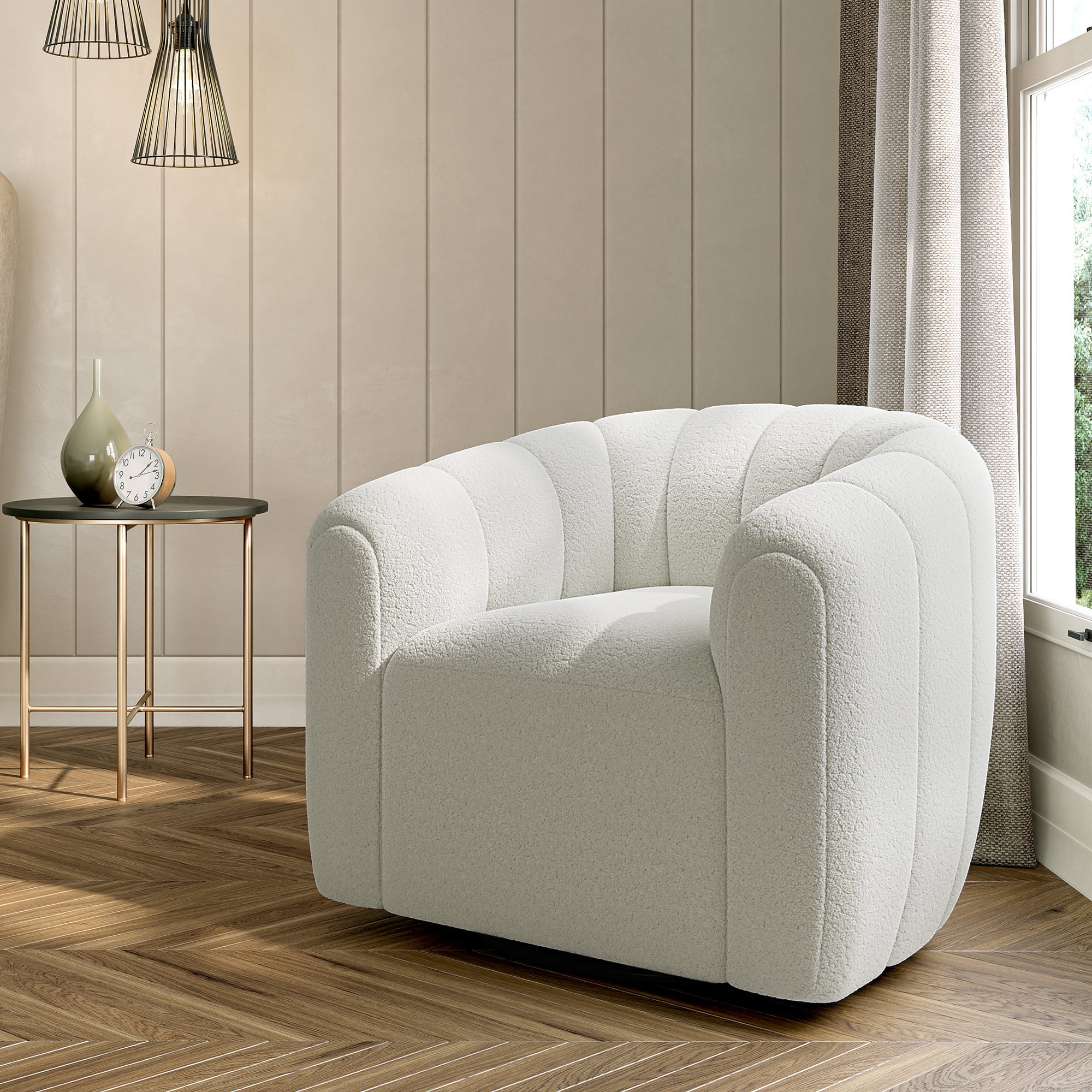 BELLEZE Swivel Accent Barrel Chair, Modern Round Armchairs with Wide Upholstered, Comfy Swivel Accent Chair for Living Room Bedroom Office - Franco (White)