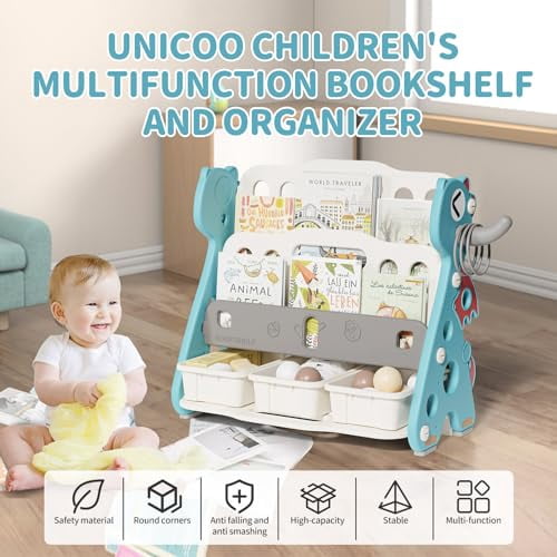 UNICOO® Kids Baby Dragon 2 Tier Bookshelf with 3 Toy Storage Bins, Children Bookshelf & Toy Organizer (Green)