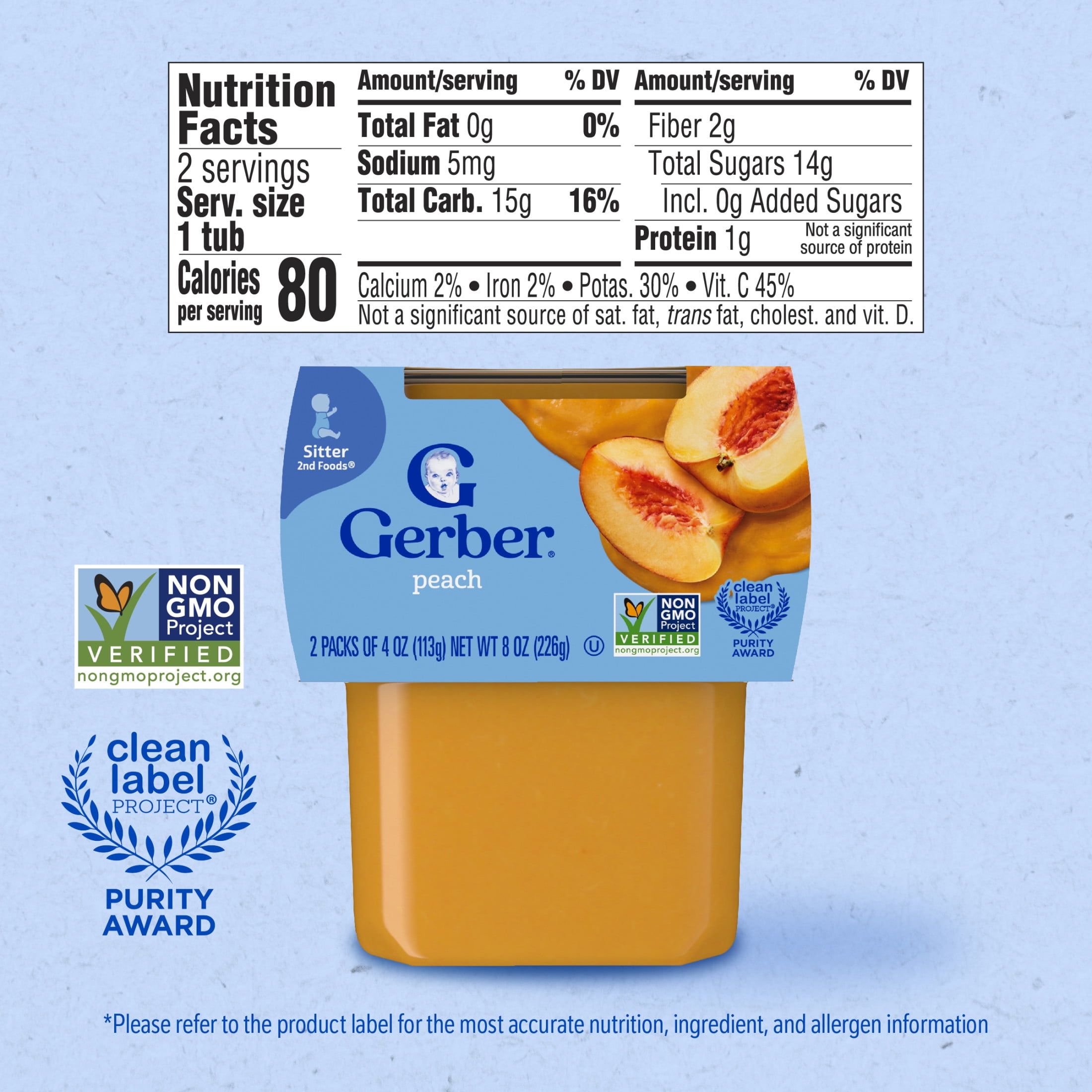 Gerber Stage 2 Baby Food, Peach Puree Tubs, Baby Puree, 2PK 8 oz