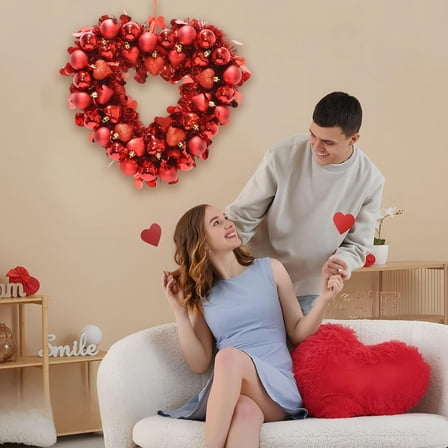 Valentine's Day Heart-Shaped Wreath Door Hanging - Romantic Heart Door Decor for Front Entry, Holiday Artificial Floral Wreath for Home and Party