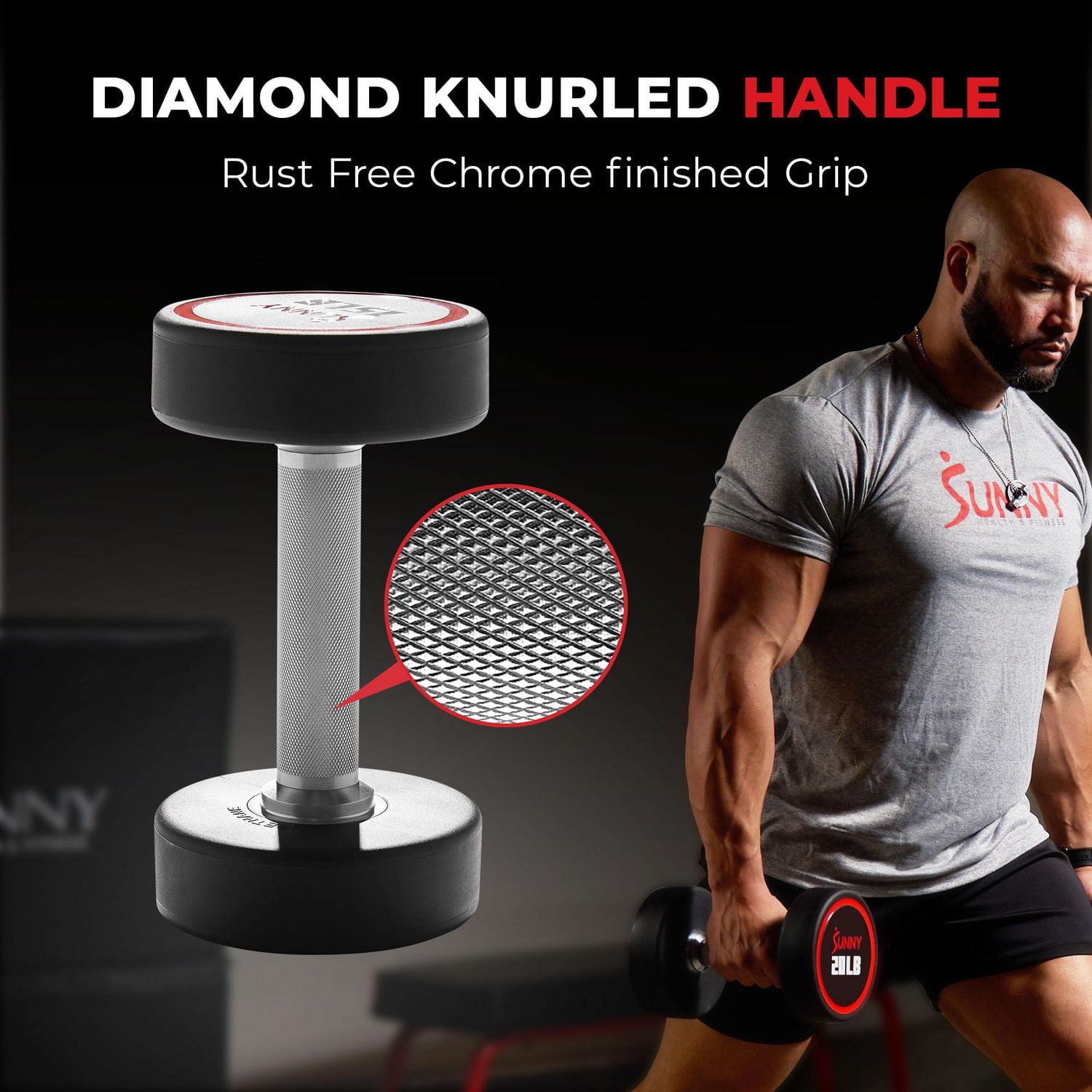 Sunny Health & Fitness Premium Polyurethane Commercial Grade Round Dumbbells 30LBS with Diamond Knurled Handle, Durable Strength Training Equipment for Home Gym, Single