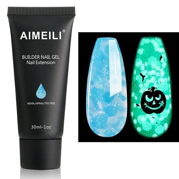 AIMEILI Luminous Poly Nail Extension Gel Blue Hema Free Poly Nail Enhancement Nail Art Design DIY Salon Halloween Nail Art Gifts-020