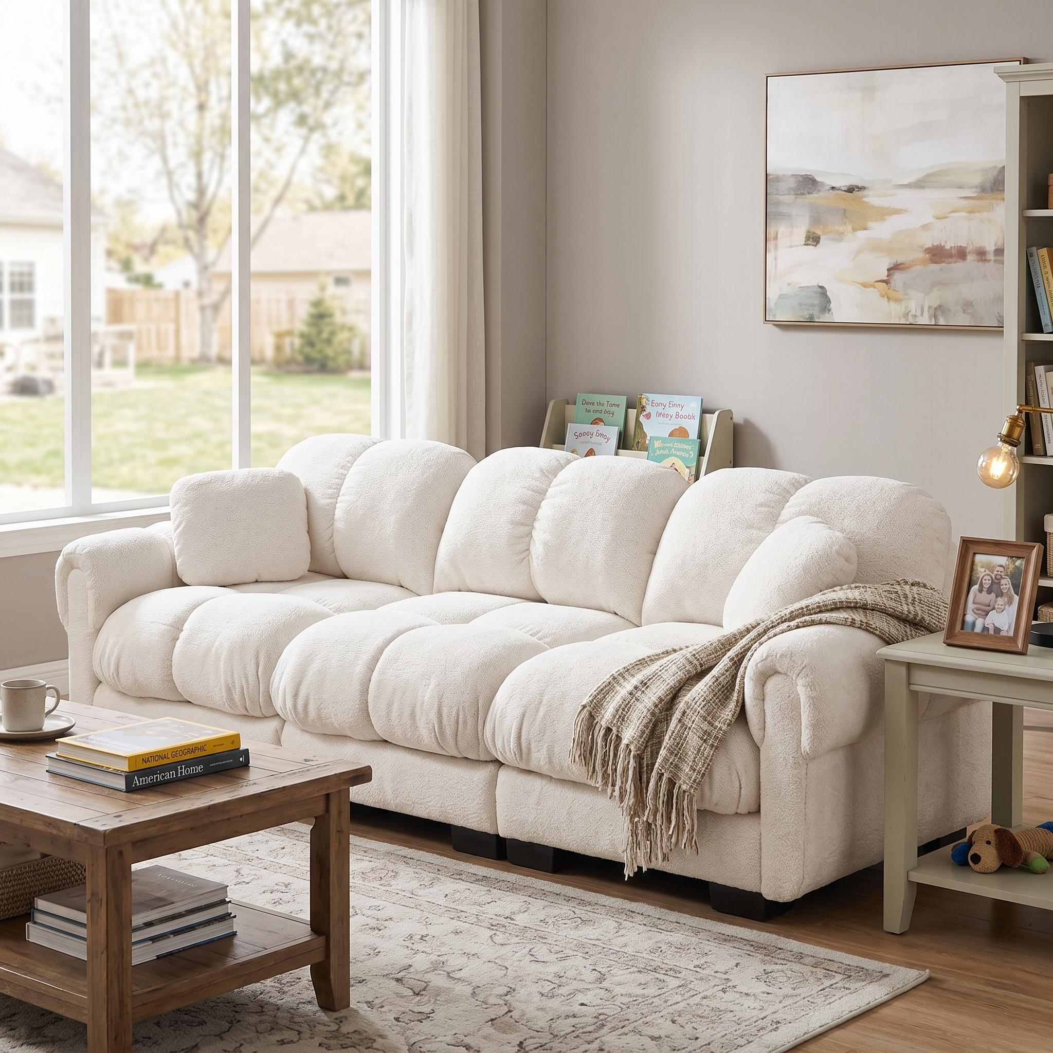 Homy Casa Chenille Cloud 3-Seater Sofa with Quilted Back Cushions and Soft Padded Armrests, Ergonomic Design, Cream Beige