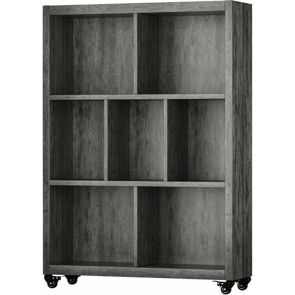 FUSUNBAO 7-Cube Style Bookshelf with Wheels Frame Industrial Style Book Storage Organizer Bookcase Floor Standing Fixed Shelves,Display Shelves Cabinet for Living Room/Bedroom/Office(French Oak)