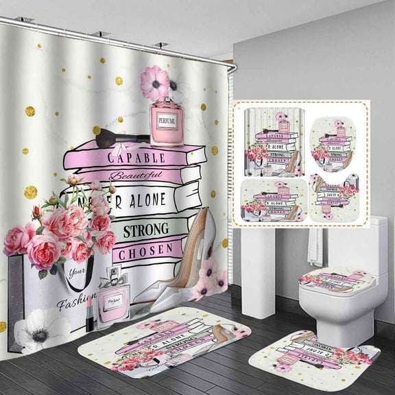4PCS Fashion Shower Curtain Sets with Rugs, Waterproof Fabric Shower Curtain, Inspirational Quotes Magazines Pink Floral Perfume Makeup Modern Black and White Striped Girl Woman Bathroom Decor