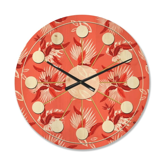Designart 'Red Flowers Of Bird Of Paradise ' Mid-Century Modern Wood Wall Clock