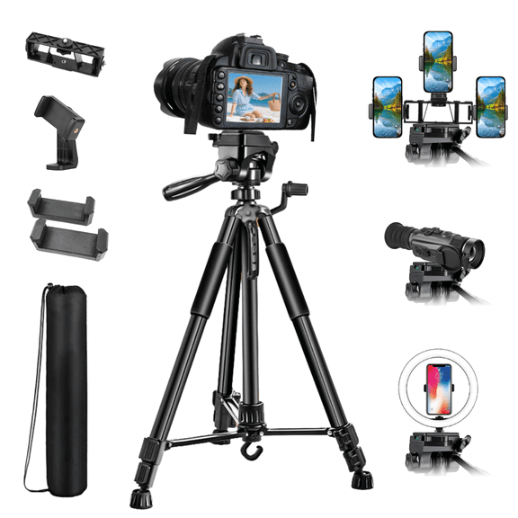 TIKBBRMG Camera Tripod, 67'' Tripod for Camera Phone Video Recording, Professional Tripod Stand with Carry Bag and Phone Holder * 3, Lightweight Travel DSLR Tripod for Smartphone Live Streaming Vlog