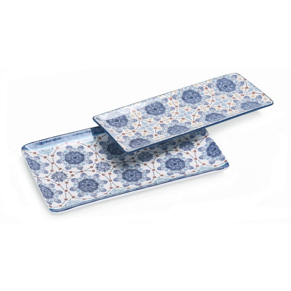Bico Blue Talavera Ceramic 14 inch Rectangular Serving Platter, Set of 2, for Serving Salad, Pasta, Cheese, Ham, Appetizer, Microwave & Dishwasher Safe