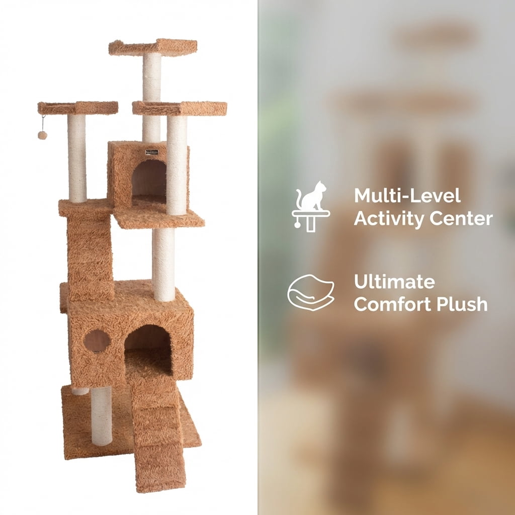 Multi-Level Cat Tree Tower, 74-Inch Tall Activity Center with Condos, Scratching Posts, Plush Cover, Brown