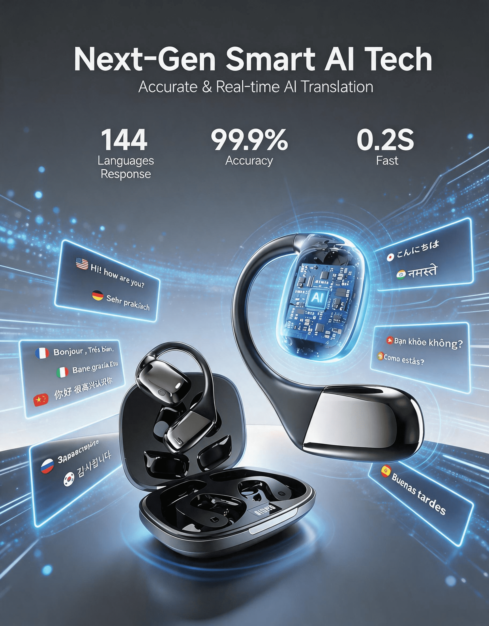 AI Translation Earbuds Real Time, Translator Earbuds for 144 Languages, Open-Ear Language Translator Earbuds with Clear Voice Pickup, 3-in-1 Headphones for Travel, Business, Learning, Ios & Android
