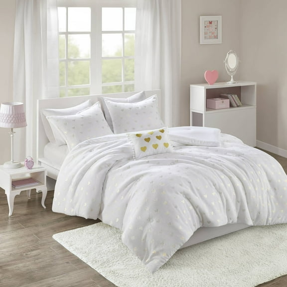 Noaman 3 PCS Twin/Twin XL Metallic Printed Plush Comforter Set with Throw Pillow White/Gold, Ultra Soft Hypoallergenic Bedding