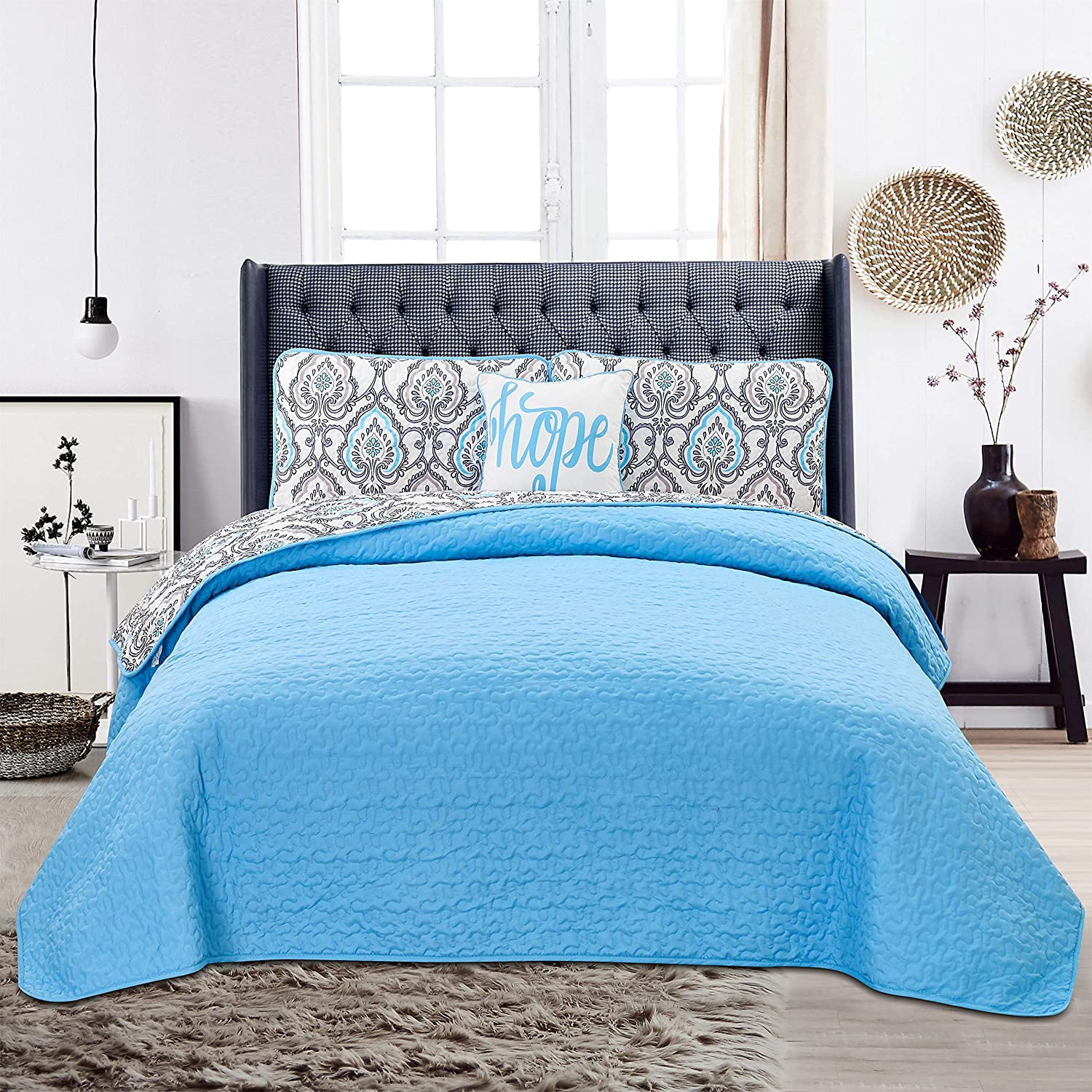 Hannah Linen Twin Size Quilts Set - Microfiber 3 Piece Down Alternative Design (Twin, Jade Blue)
