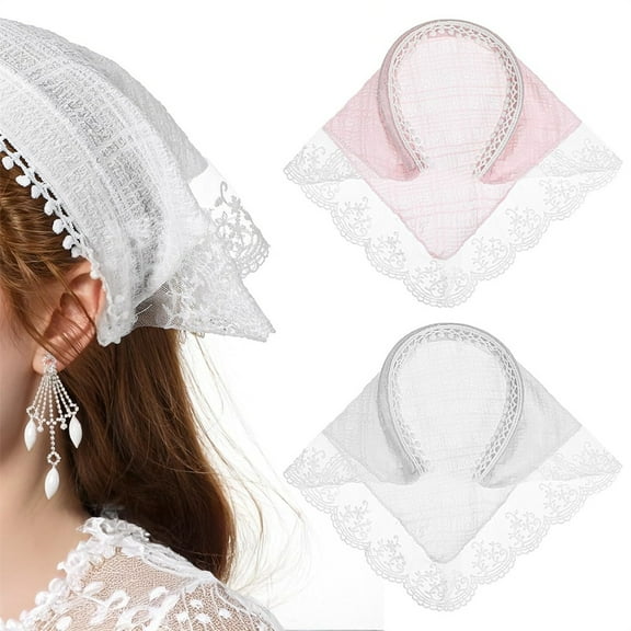 Triani 2Pcs Lace Headbands for Women Boho Triangle Bandana Turban Fashion Bandana Soft Head Coverings for Teen Girls Hair Styling(White Pink)