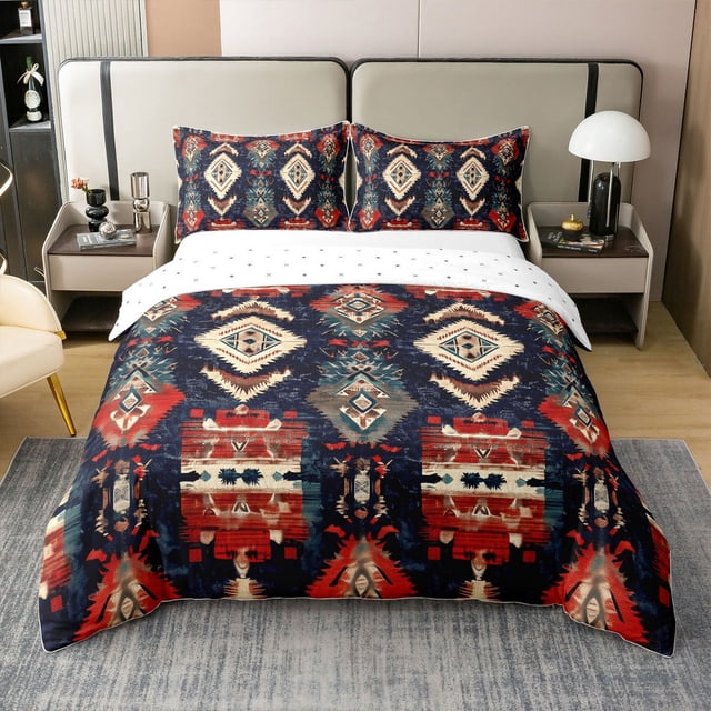 Erosebridal Housse de Couette Tribale Aztèque 100 % Coton Taille Simple, Housse de Couette Géométrique Boho 100 % Coton Simple, Bleu Rouge, Réversible 2 Pcs (Sans Couette)