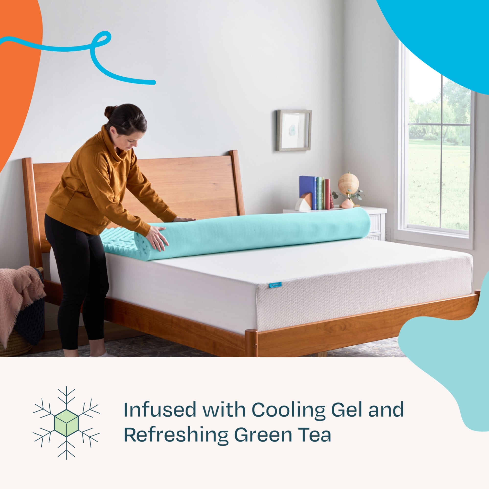 Linenspa 1.5" 7-Zone Cooling Gel and Green Tea Infused Memory Foam Mattress Topper, Queen