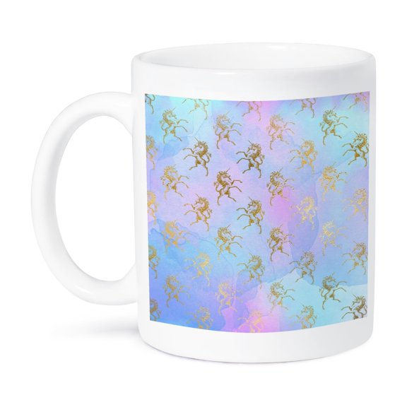 3dRose, Glam Faux Gold Vintage Unicorns On Blue and Pink Watercolor, 11oz Mug
