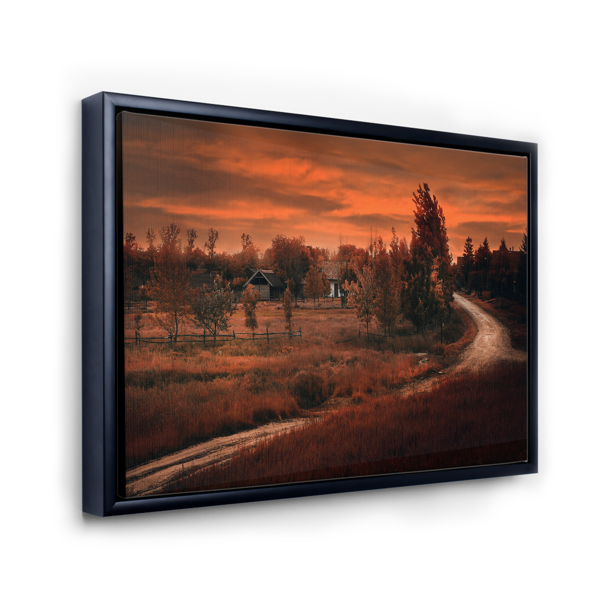 The Road By The Farm In Dark Pink Sunset 32 in x 24 in Framed Painting Canvas Art Print, by Designart