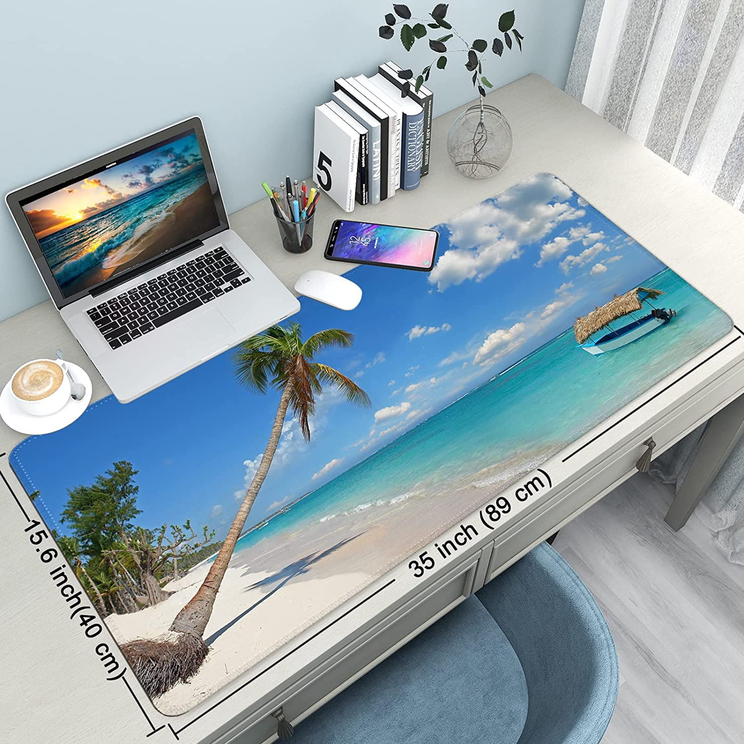Desk Mat,Large Mouse Pad 35''×15.6'' XXL Extended Gaming Mouse Pad Mat with Non-Slip Base Stitched Eges Mousepad for Computer,Office,Keyboard and Laptop - Palm Sea