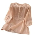 thumbnail image 2 of Busydd Plus Size Womens Tops M-4XL Casual Solid Color 1/2 Length Sleeve Going Out Tops for Women Trendy Round Neck Embroidered Spring Summer Tops Comfy Button Peasant Cotton Linen Shirts, 2 of 3