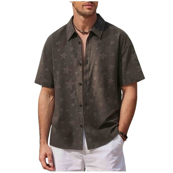 ZVNAΖH Men's Retro Star Print Shirt, Short Sleeve Collared Button Down Top for Summer Vacation & Daily, S-5XL