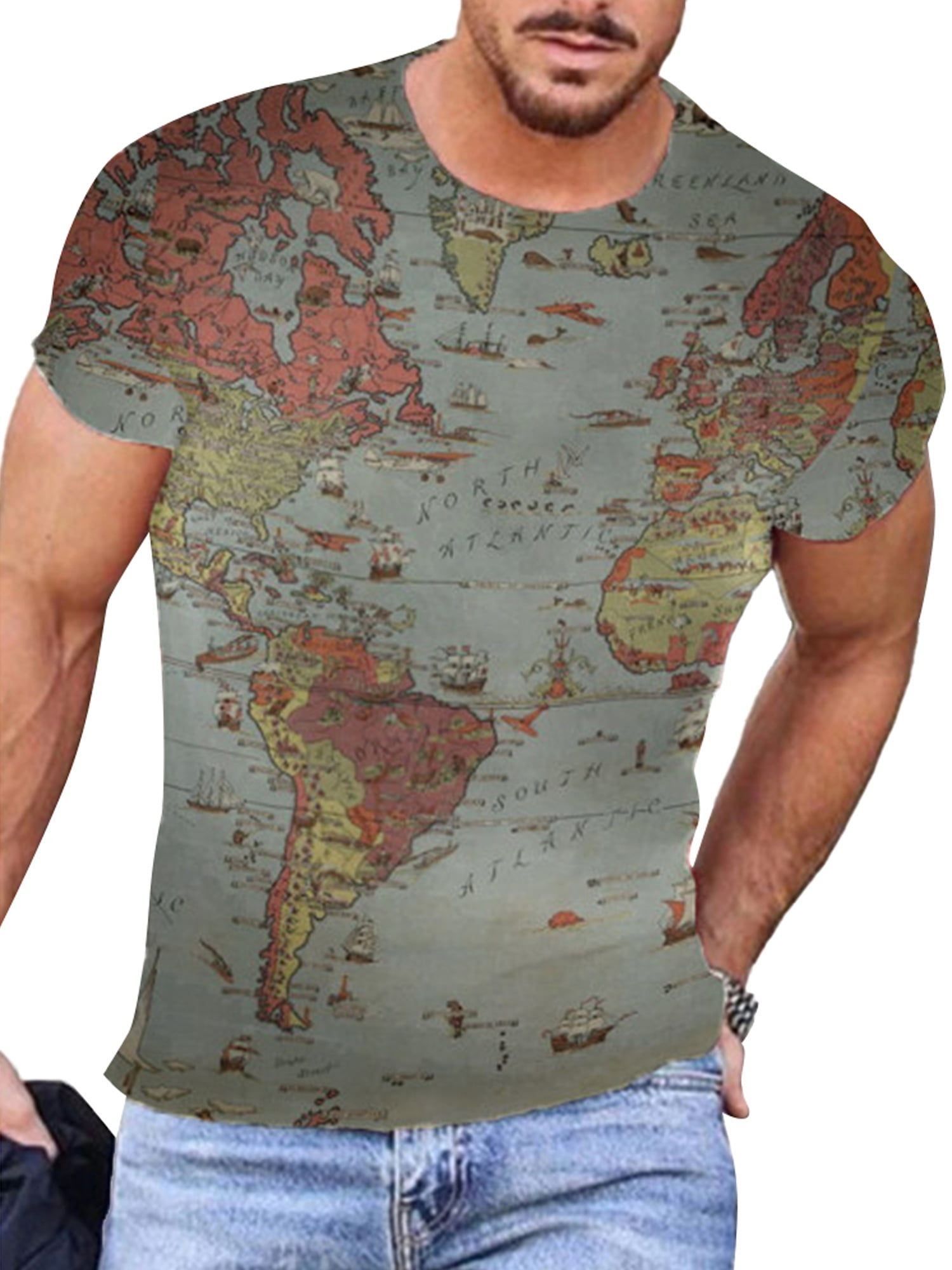 Mens Printed Slim Fit T Shirt Muscle Top Gym Casual Crew Neck Short Sleeve Tee 