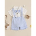 thumbnail image 5 of Loicainy Infant Baby Boy Gentleman Outfit 3 6 9 12 18 Month Solid Color Short Sleeve Lapel Neck Romper with Stripe Suspender Shorts and Bowtie, 5 of 9