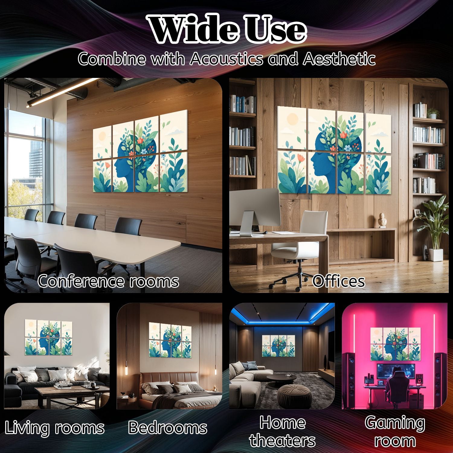 8 Pack Art Acoustic Panels Sound Absorbing Mental health awareness human mind peaceful nature Decorative Soundproof Wall Panels Self Adhesive for Clinic Hospital 48"x32"
