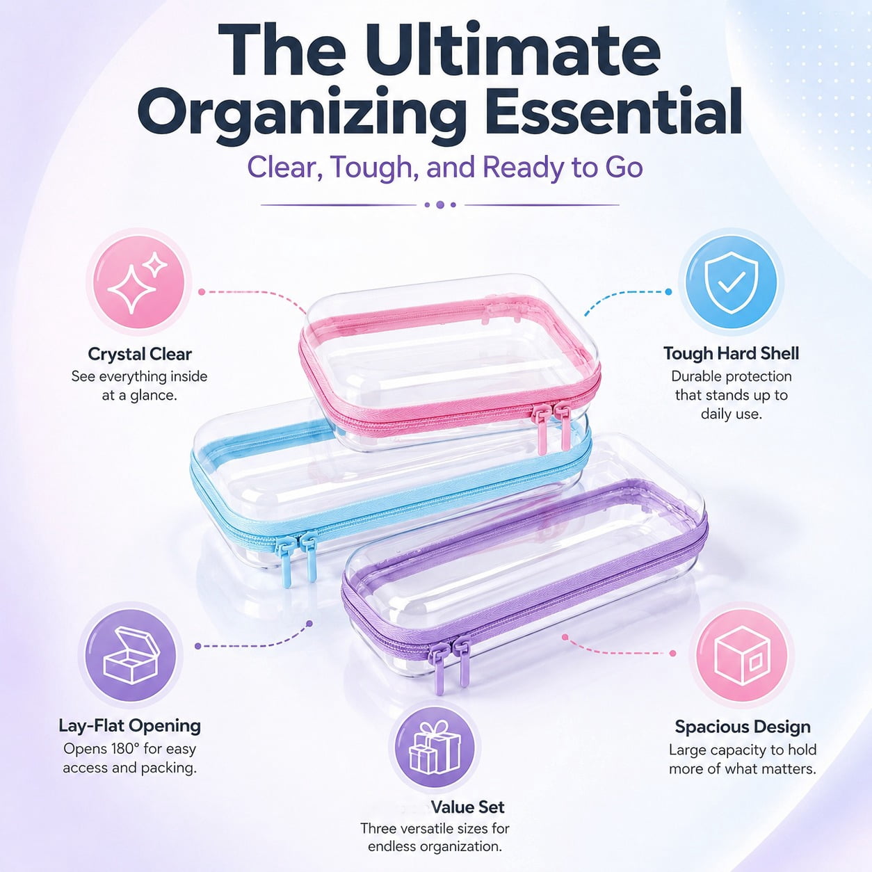 4 Pcs Clear Hard Zipper Case Tutuviw Transparent Hard Case Clear Makeup Bag Portable Organizer Bin Travel Plastic Pouch for Building Blocks Puzzles Storage Box (Multicolor, 9 x 7.8in)