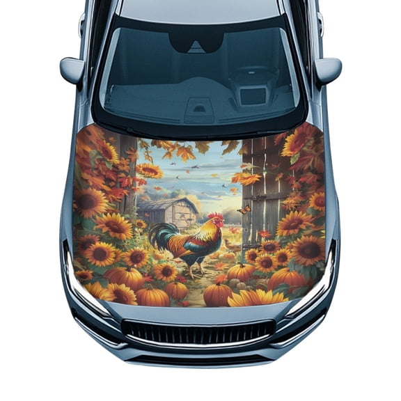 Pzuqiu Car Hood Cover with Autumn Rooster Sunflower Pattern - Waterproof All Season Protection for Truck SUV Sedans
