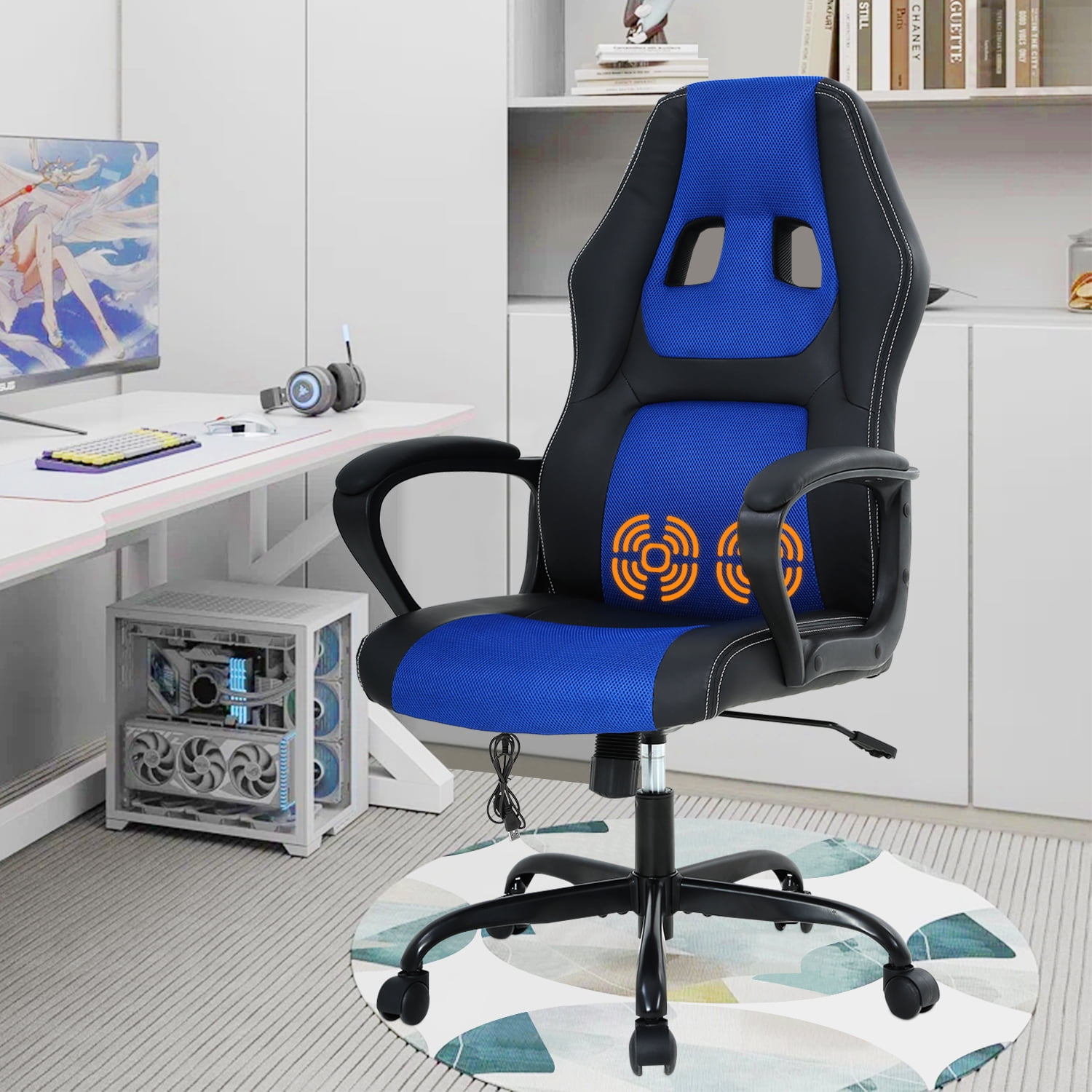 Massage Gaming Chair, High Back Office Chair Adjustable Gamer Chair Ergonomic Computer Chair with Lumbar Support Task Rolling Swivel Chair Game Chair for Adult &Teen(Blue)