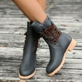thumbnail image 2 of Rokment Women's Vintage Winter Mid Calf Combat Boots with Fleece Lined Warm Side Lace up Studded Leather Work Riding Short Booties, 2 of 7