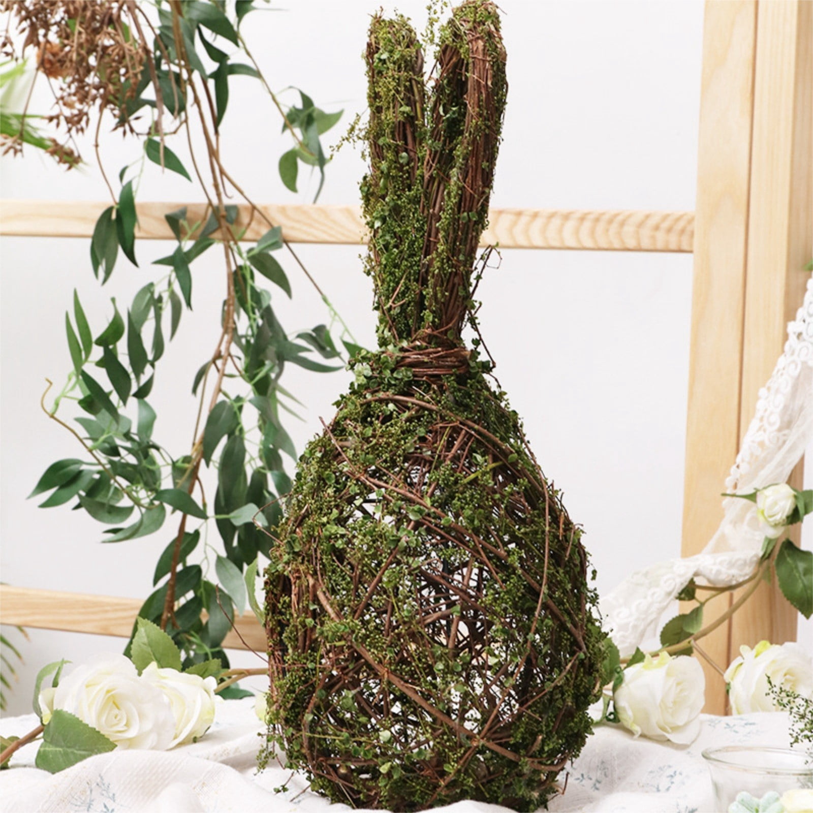 Cadancy Birds Nests Grapevine Wreath form with Faux Moss, Natural Vine Base Decorative Bunny Shaped Farmhouse Hanger, Spring Outdoor Home Garden Yard Tree Decoration