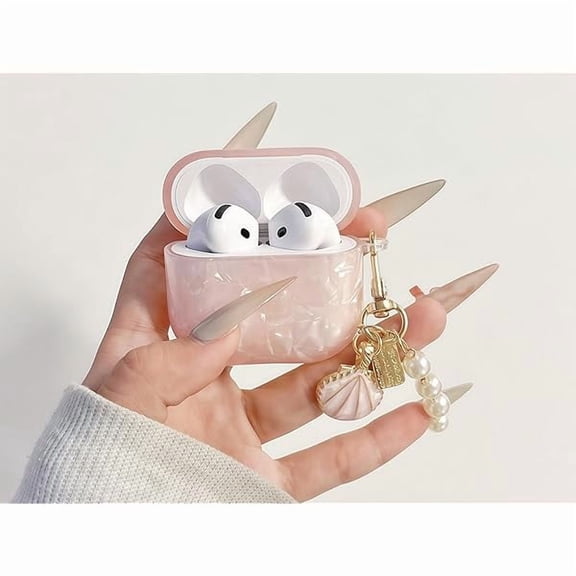 mjw001 Headphones Case for Airpods 4 - Glitter Shell Pattern Design Soft TPU Protective Cover with Luxury Pink Shell Pearl Keychain, Cute Case Compatible with Apple Airpods 4 2024, Pink