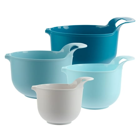 Mainstays 4 Piece Nesting Plastic Mixing Bowl Set with Pour Spouts and Handles, Blue