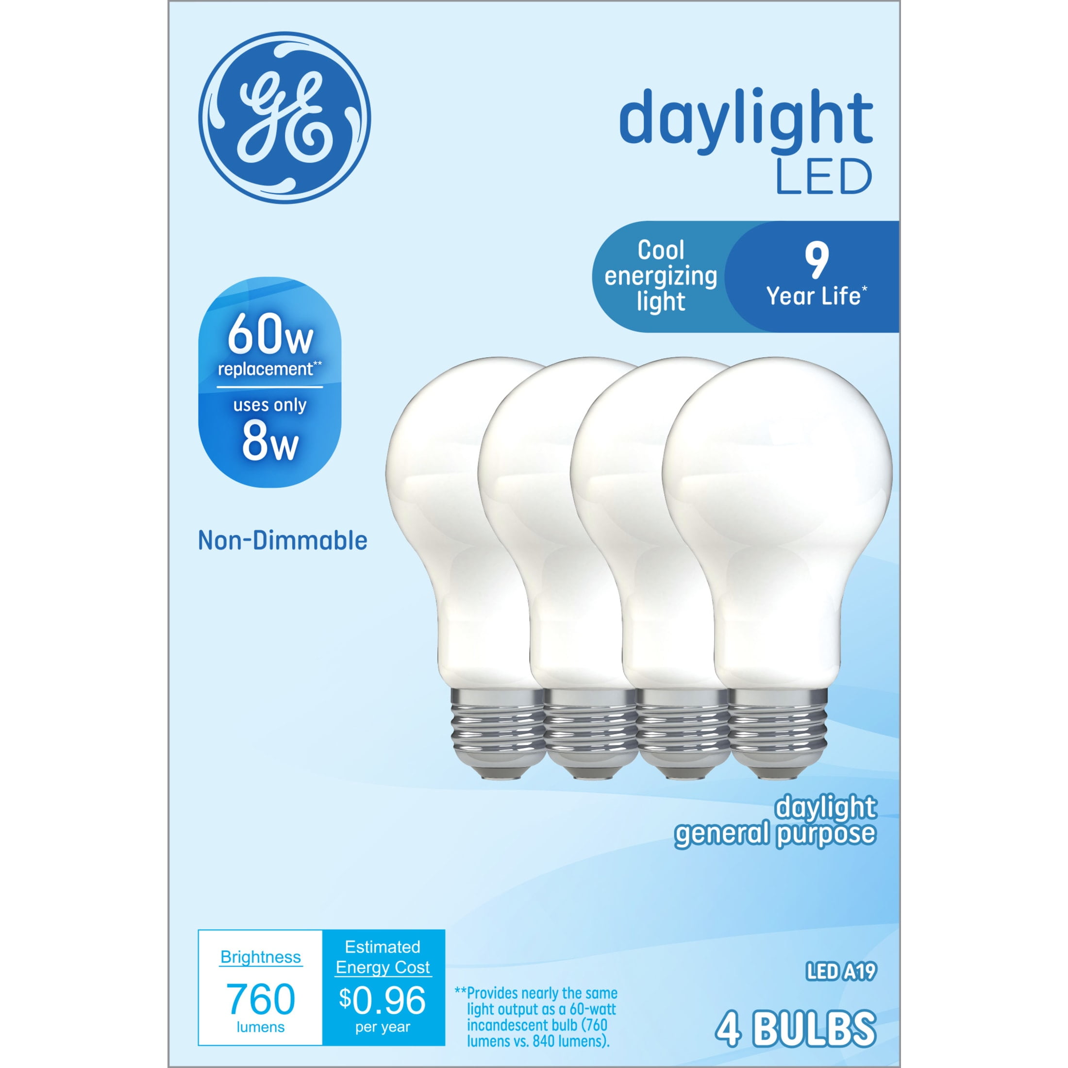 (4 pack) GE LED Light Bulbs, 60 Watt, Daylight, A19 Bulbs, Medium Base, Frosted Finish, 9yr, 4 Pack