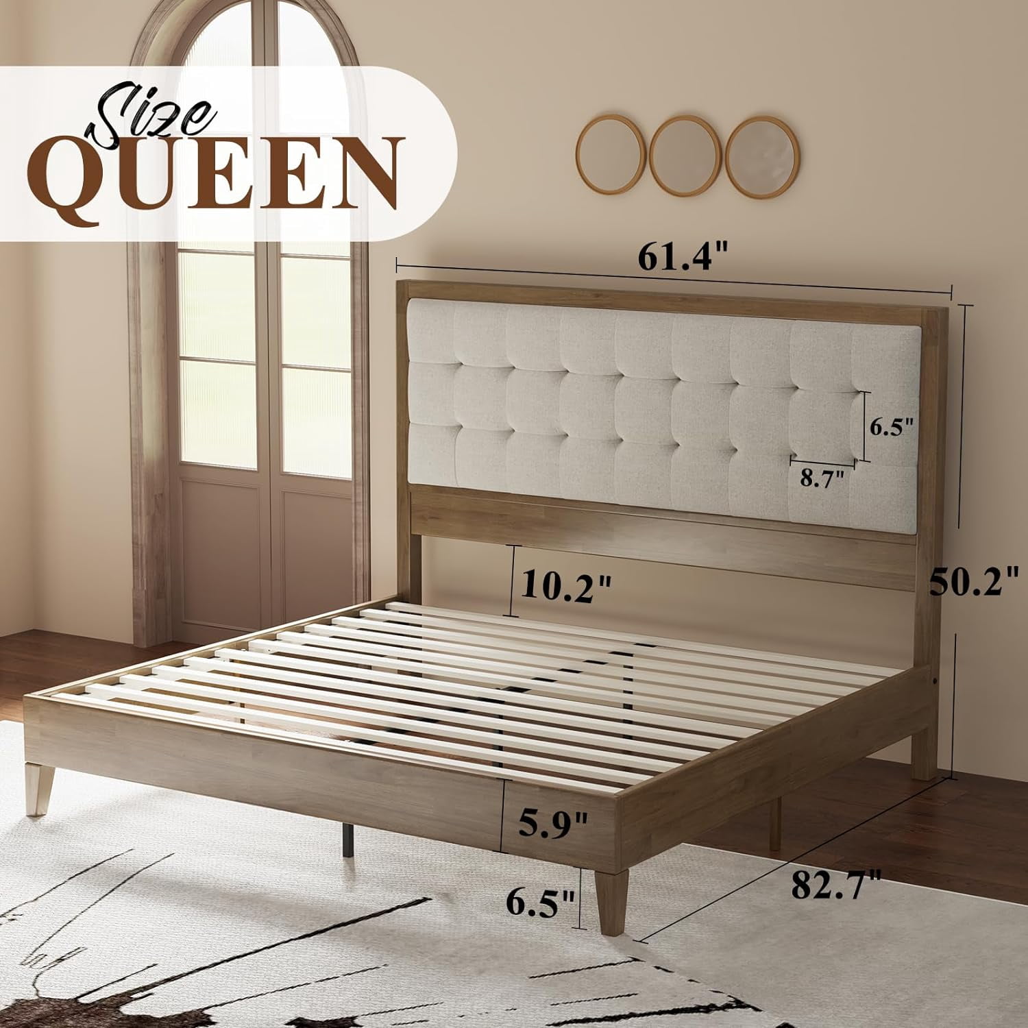 LUXOAK Queen Bed Frame, Adult Wood Platform Bed with Upholstered Headboard, Ash Gray