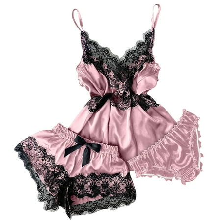Mrat Women Lingerie Plus Size Set Pajama Sets V-Neck Silky Pajamas for Women Push up Lingerie for Women Ladies Robe Lace Camisole Pajamas Bowknot Shorts Set Pink_B XXL