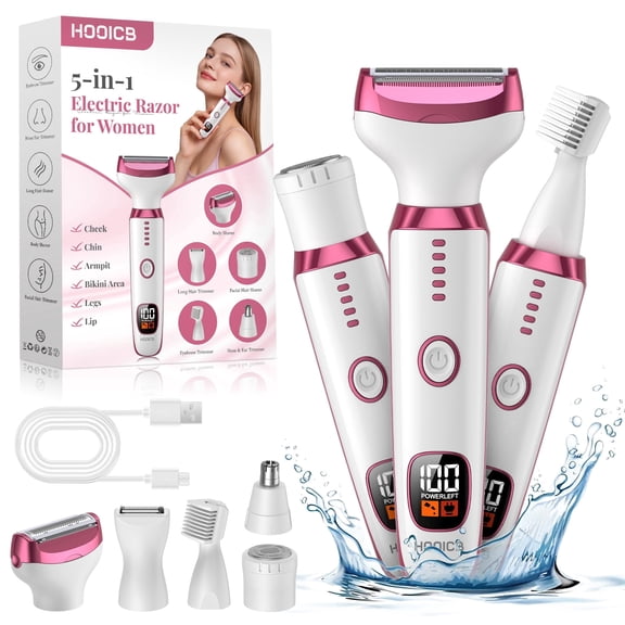 HOOICB Electric Razor for Women, 5-in-1 Rechargeable Bikini Trimmer and Body Shaver, Wet Dry Cordless Hair Removal Tool with LED Display