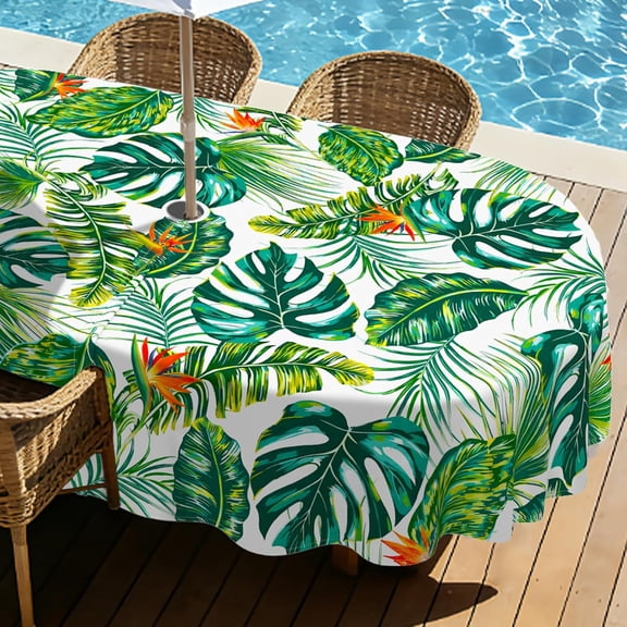 Green Leaves Outdoor Oval Tablecloth with Umbrella Hole 54" x 72" Waterproof Zipper Table Cloth for Patio Table - Ideal Tablecloths for Picnics, Camping, and Yard Use