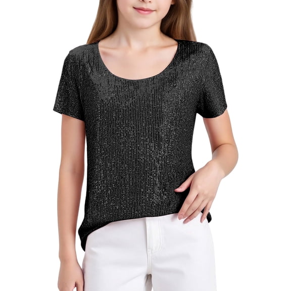 WOYY Little Girls Glitter Sequin Party T-Shirt Short Sleeve Round Neck Blouse, Sizes 6-7