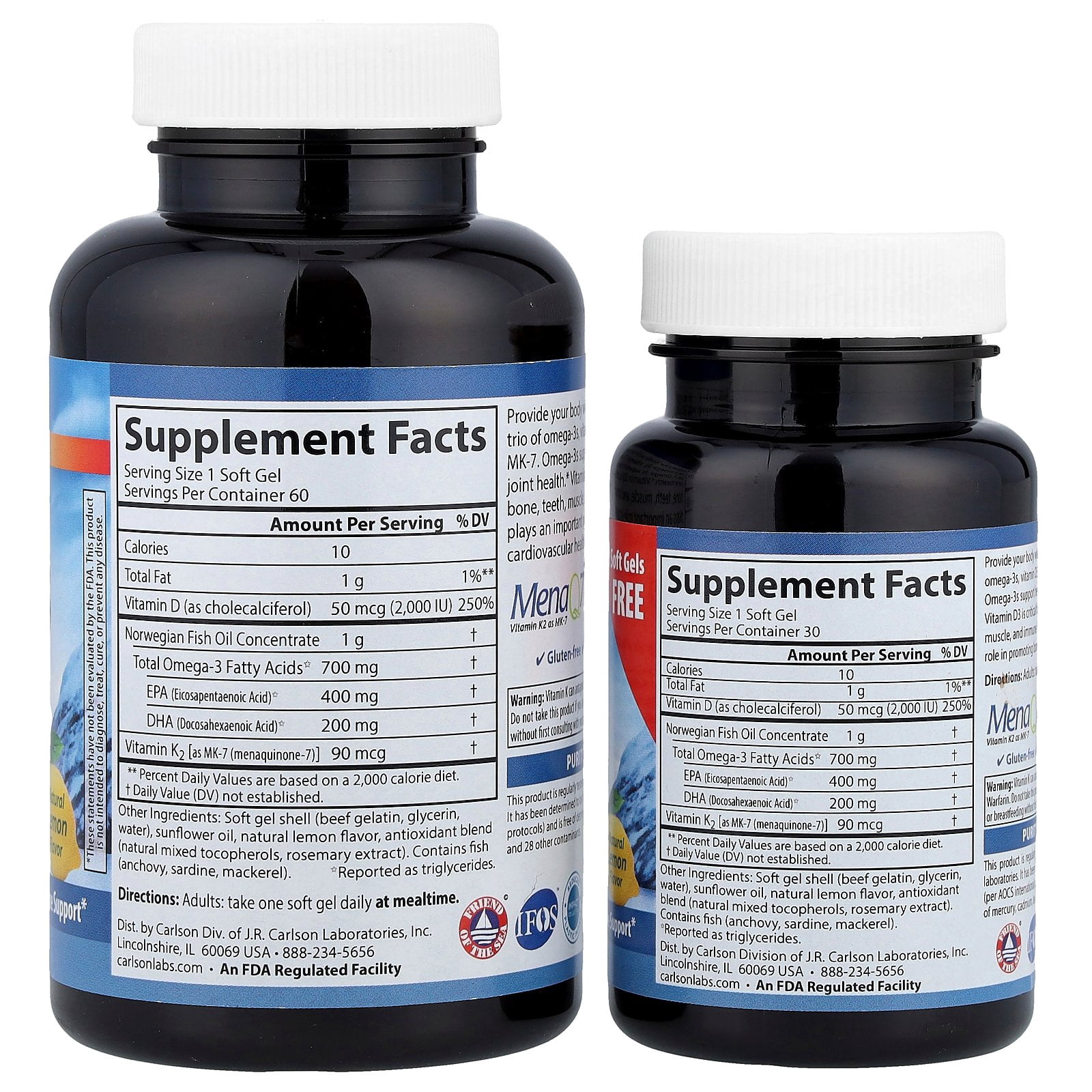 Carlson Elite Omega-3 Plus D & K, Natural Lemon, 90 Soft Gels