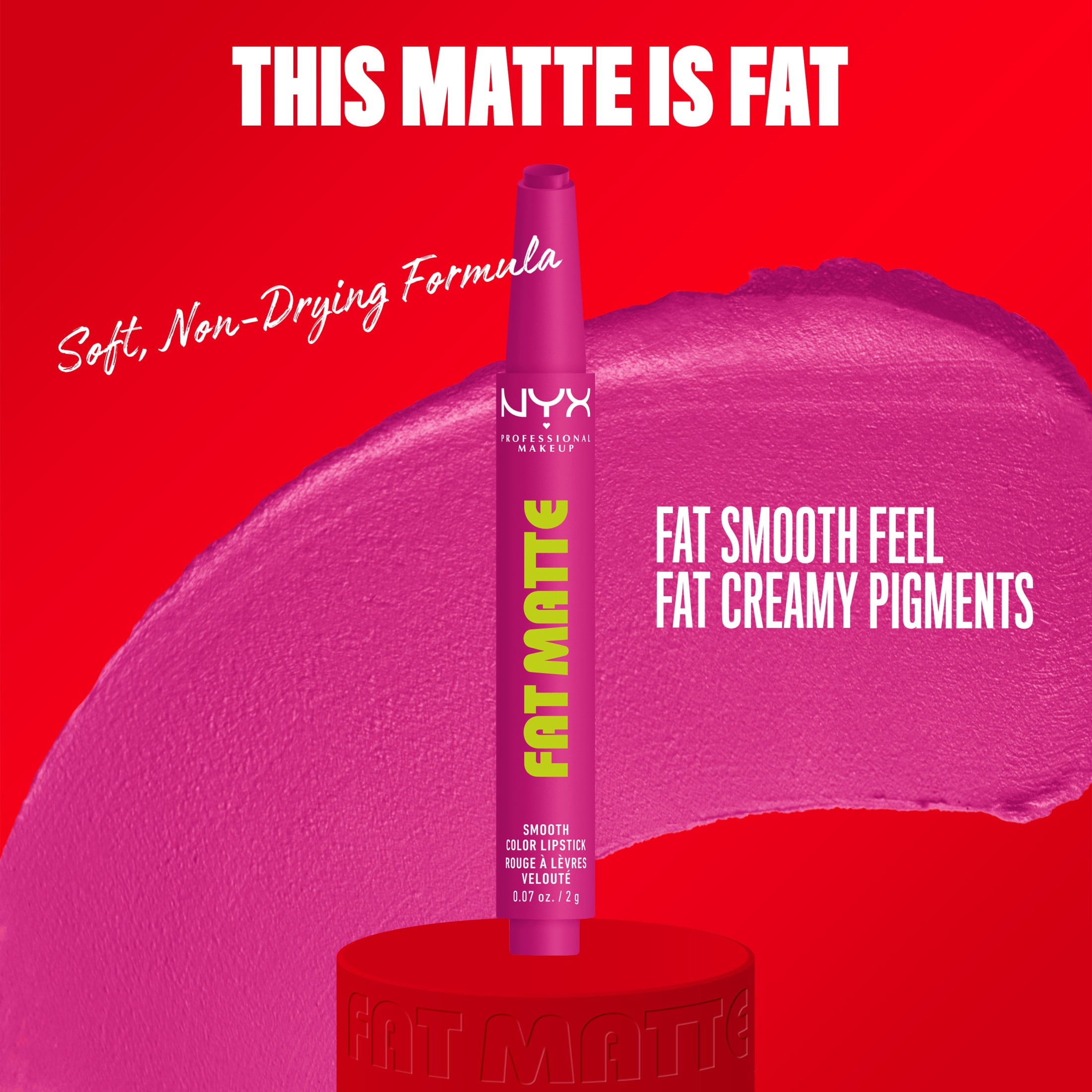 NYX Professional Makeup Fat Matte Lipstick, Smooth Color Long Lasting Lipstick, Fluffy Fuchsia, 0.07 oz