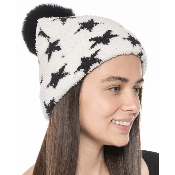 Jenni Fuzzy Jacquard Pom Pom Beanie Blackwhite One Size