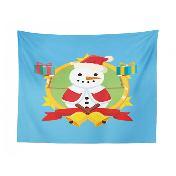 Christmas Tapestry, Funny Reindeer Character Pine Trees with Merry Christmas Typography, Fabric Wall Hanging Decor for Bedroom Living Room Dorm, 2 Sizes, Sky Blue and Multicolor, by Ambesonne