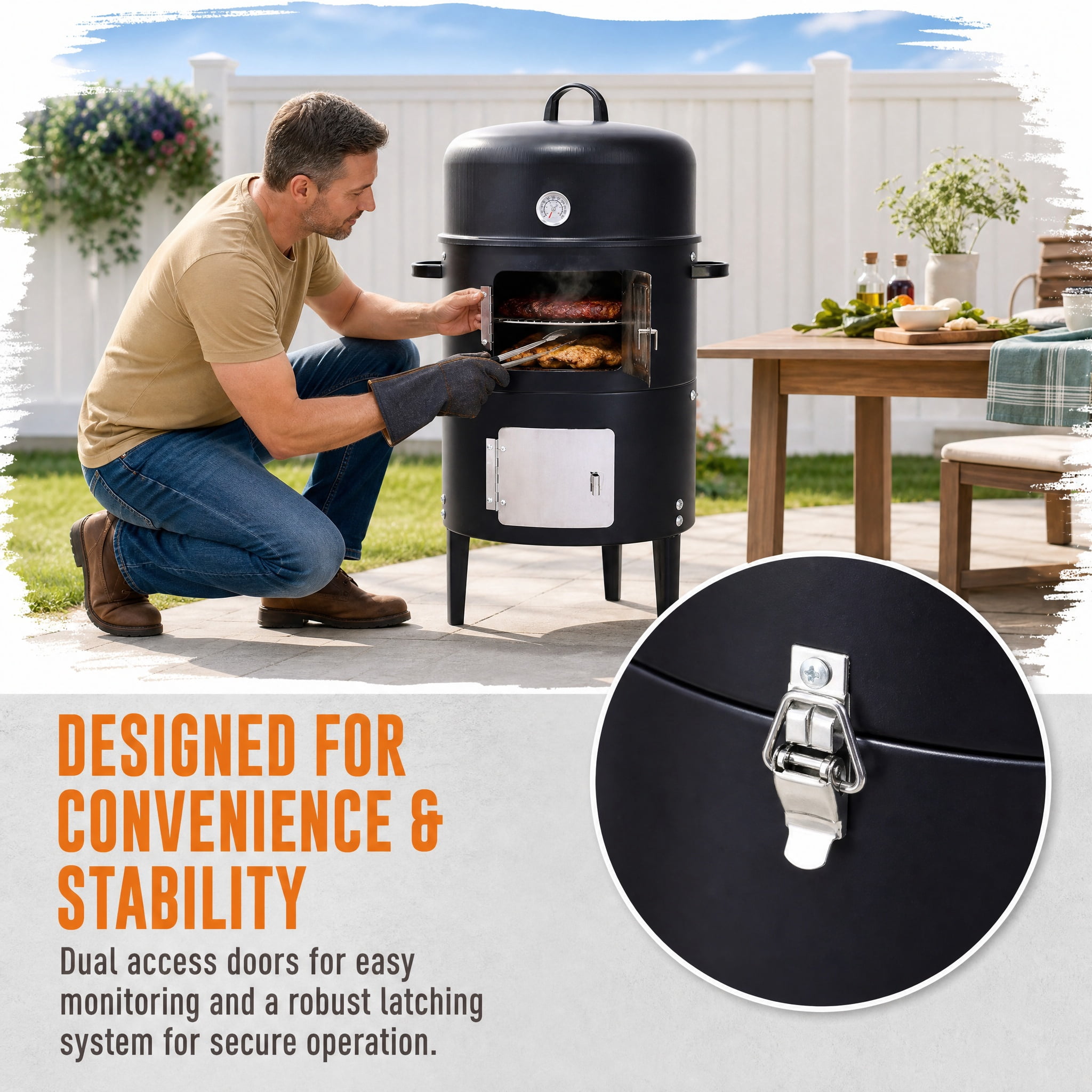 17 Inch Heavy Duty Round Charcoal Smoker BBQ Grill Outdoor Cooking Grill with Temperature Control Dual Doors Black