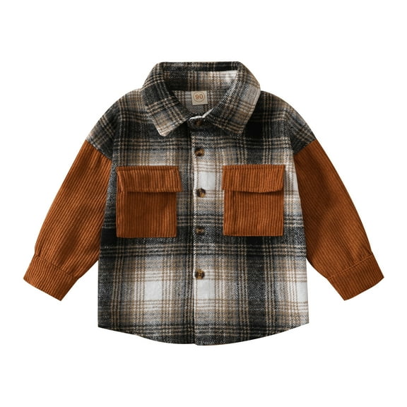 KOMOO Toddler Flannel Plaid Jacket Shacket Cardigan Long Sleeve Lapel Button Plaid Shirt Kids Boy Girls