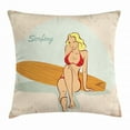 thumbnail image 1 of Pin up Girl Throw Pillow Cushion Cover, A Blonde Girl in Polka Dotted Red Bikini and Sitting on a Wooden Surfboard, Decorative Square Accent Pillow Case, 20 X 20 Inches, Multicolor, by Ambesonne, 1 of 2