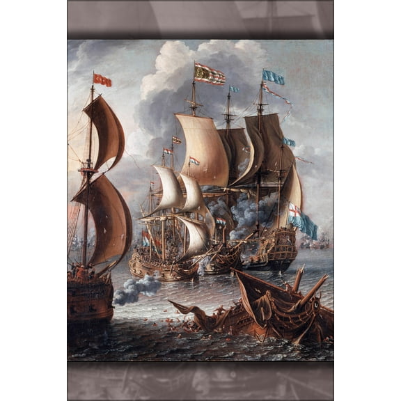 24"x36" Gallery Poster, Sea Fight with Barbary coast pirates by Lorenzo castro 1681