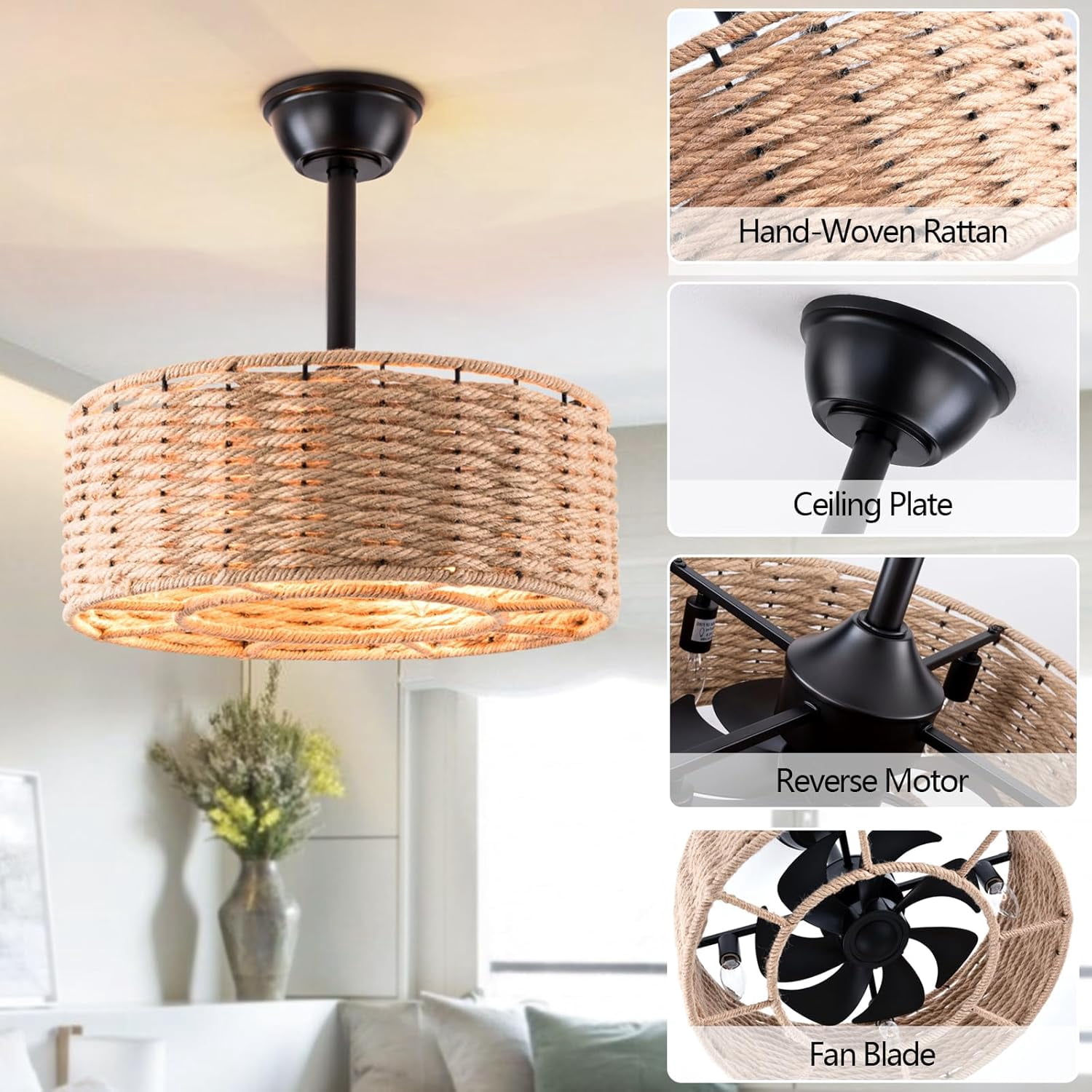 Maxax 19" Boho Caged Ceiling Fan with Light, Rattan Chandelier Ceiling Fan with Lights and Remote Control, 6 Speeds Reversible Timing Fandelier Ceiling Fan with Lights for Bedroom, Living Room