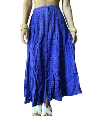 Mogul Women Maxi Skirt, Blue Embroidered Skirt, Summer Fashion Button Down Bohemian Gypsy Skirts SM